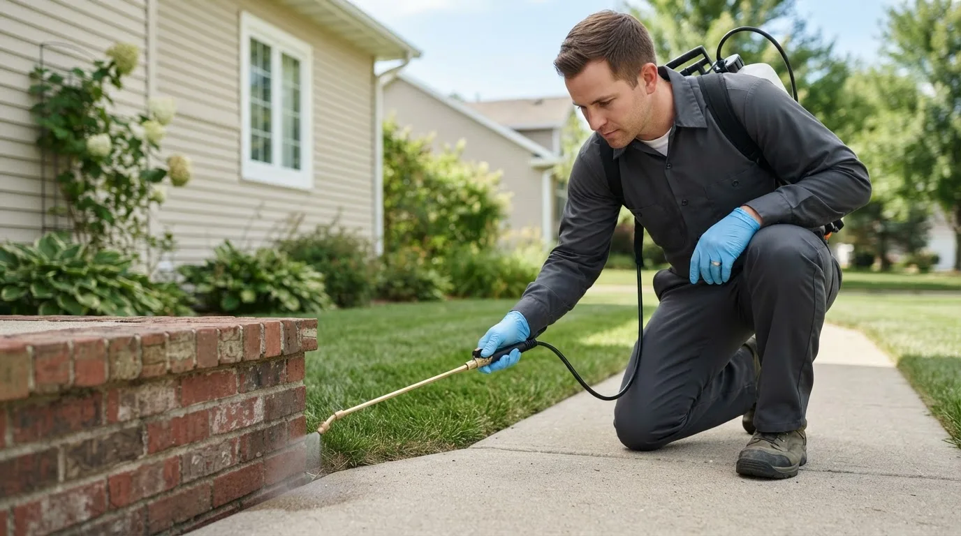 Pest control technician treating a home near Nobleton, FL
