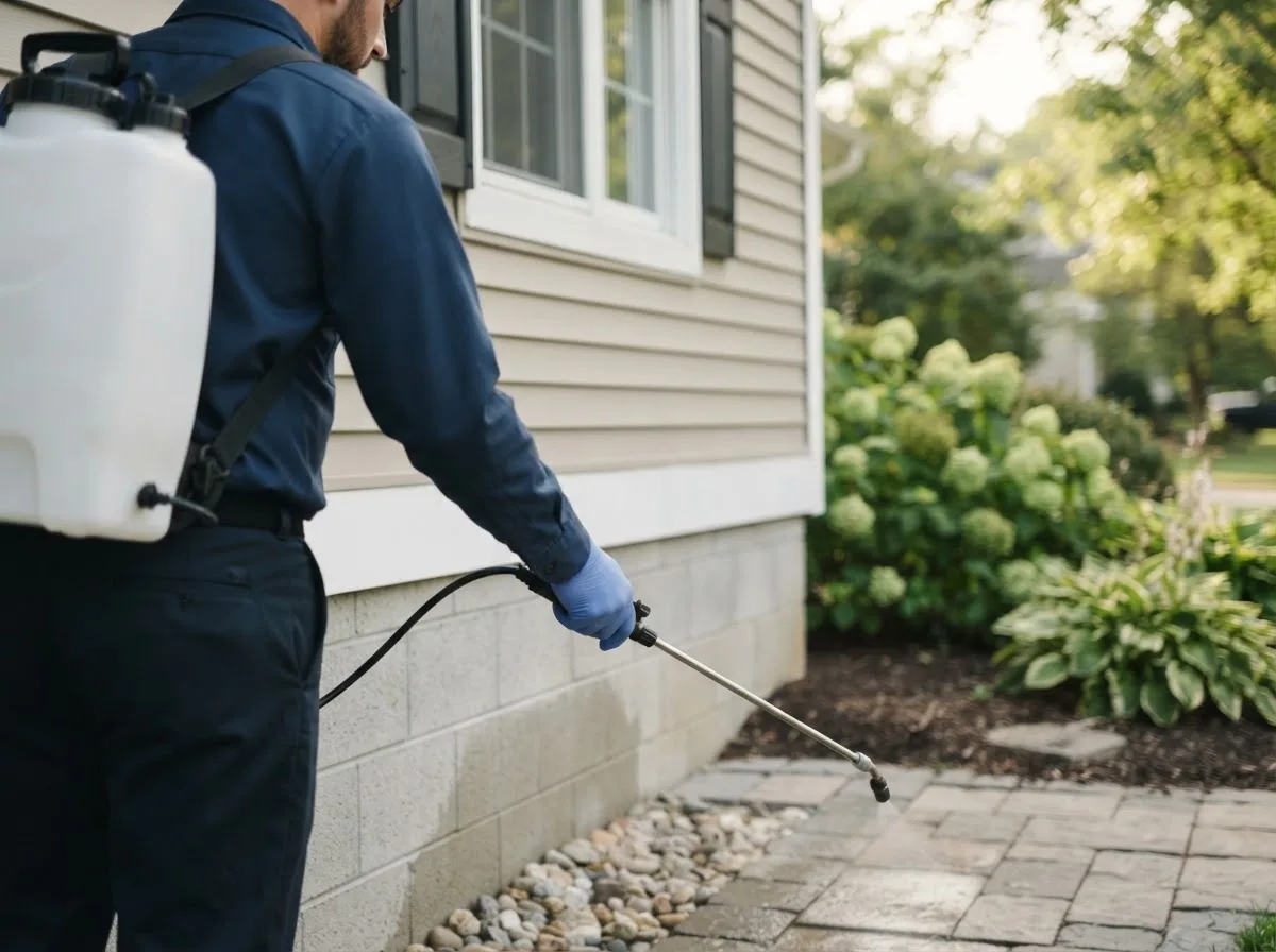 Pest control technician inspecting a home in Nobleton, FL